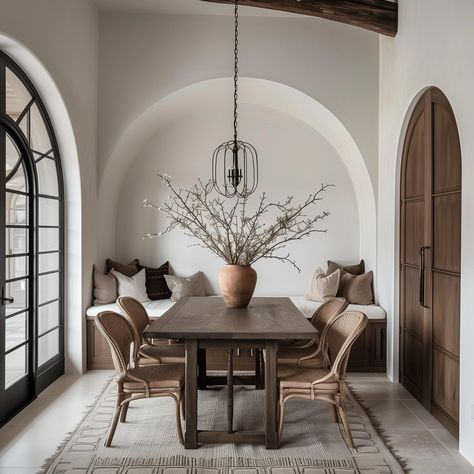 I’m obsessing over this dining room view! The arches, beams, built in bench, and this stunning dining table..it’s all so good! What’s your favorite part? ✨ AI Design: @oakhavendesignco . . . . . . #virtualdesign #virtualdesignservices #edesign #virtualhomedesign #moodboards #luxeathome #visionboards #prettylittleinteriors #interiorstyle #smmakelifebeautiful #housebeautiful #neutral #neutralhome #idcoathome #currenthomeview #interiordesign #interiorstyling #homedecor #interiorstyling #alli... Dining Room Near Front Door Entryway, Arched Furniture, Dining Room Niche, Dining Room Entryway Combo, Mediterranean Dining, Front Door Entryway, Room View, Kitchen Nook, Built In Bench