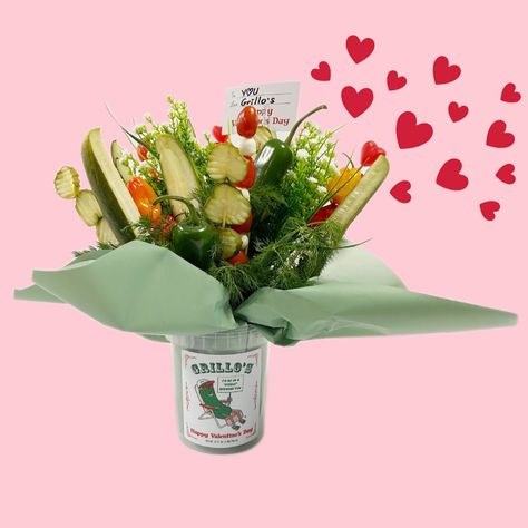 Grillo's Pickles - Crisp. Clean. Fresh. Pickle Bouquet, Beef Jerky Bouquet, Valentine's Day Food, Chocolate Fudge Icing, Cheesecake Pops, Food Bouquet, Red Velvet Cake Mix, Dark Chocolate Almonds, Edible Arrangements