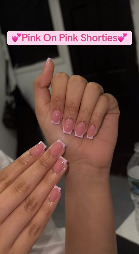 Squared Pink French Tip Nails, White French Tip Nails With Pink Design, Pink Tip Nails With Glitter, Milky Pink French Tip Nails, Short Nail Pink French Tip, Pink Baby Shower Nail Ideas, Baby Pink Nails French Tip, Short Gel Manicure Ideas, Baby Pink Short Nails