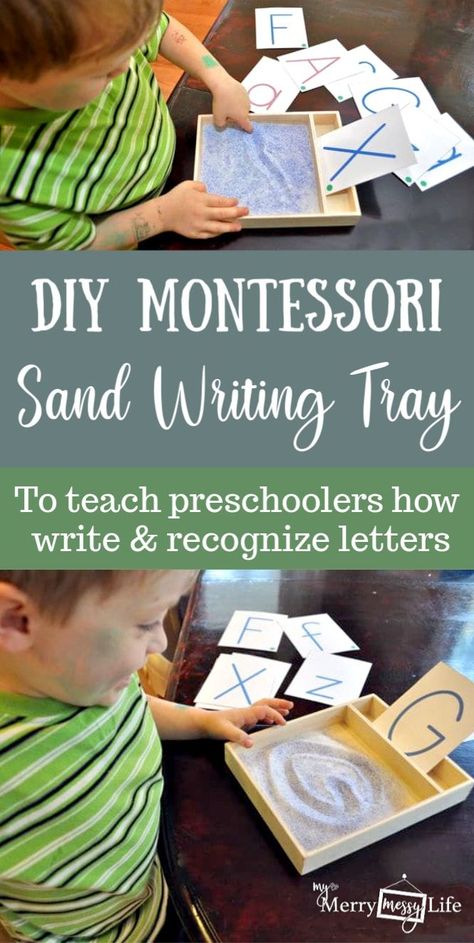 Use this handy, fun DIY Montessori sand writing tray to teach your child how to write their letters, and ultimately, learn to read! It comes with a free printable for all the letters. #backtoschool #sandwritingtray #diysandwritingtray #montessorisandwritingtray #diykidactivity #homemadekidactivity Montessori Sand Tray, Diy Sand Writing Tray, Montessori Writing Activities, How To Make Sand, Montessori Trays, Sand Writing, Kids Sensory Play, Diy Kid Activities, Mom So Hard