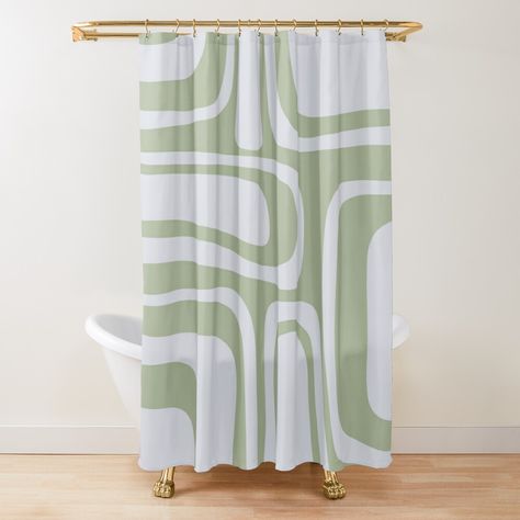 Get my art printed on awesome products. Support me at Redbubble #RBandME: https://www.redbubble.com/i/shower-curtain/Palm-Springs-Midcentury-Modern-Abstract-Pattern-in-Almond-and-Sage-Green-by-kierkegaard/68153615.YH6LW?asc=u Sage Green Shower Curtain, Pop Art Bathroom, Palm Springs Retro, Retro Midcentury Modern, Retro Bathroom Decor, Green Shower Curtain, Gray Shower Curtains, Green Shower Curtains, Mid Century Minimalist