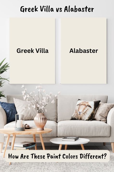 Choosing between Greek Villa and Alabaster paint? Let our guide help you distinguish these popular whites. Delve into the undertones, lighting effects, and ideal settings for each to determine which serene shade will best brighten up your walls. Transform your space with the perfect white that reflects your style. Greek Villa Bedroom Ideas, Mediterranean White Paint Color, Alabaster Bedroom Walls, Accessible Beige And Greek Villa, Alabaster Vs Swiss Coffee, Alabaster Interior Walls, Alabaster Walls And Trim, Alabaster Vs Greek Villa, Greek Villa Bedroom