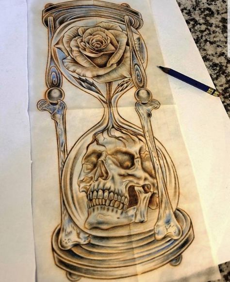 Skull Hourglass Drawing, Skull Hourglass Tattoo, Skull Clock Tattoo, Hourglass Tattoo Design, Hour Glass Tattoo Design, Hourglass Drawing, Time Piece Tattoo, Skull Tattoo Flowers, Half Sleeve Tattoos Drawings