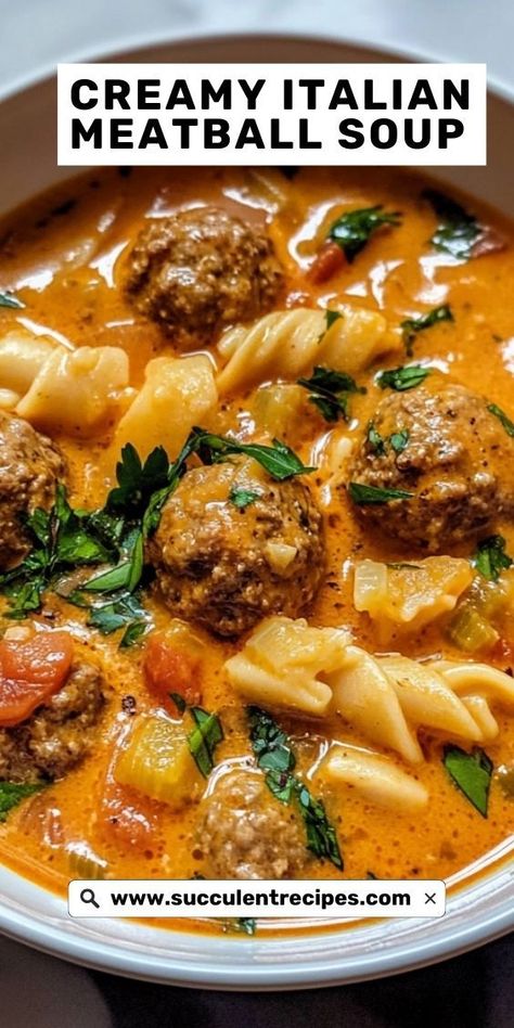 Cozy up to a bowl of Easy Creamy Italian Meatball Soup—simple to make and packed with creamy, hearty goodness. Potato And Meatball Soup, Frozen Meatball Soup Recipes Crockpot, Pasta Meatball Soup, Cheesy Meatball Soup, Family Favorite Soups, Soup Recipes Meatball, Meatball Stew Instant Pot, Kale Meatball Soup, Frozen Meatballs And Pasta Crockpot