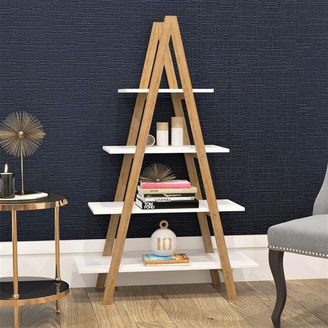 Modern Bookcase Styling, Ladder Shelving Unit, Ladder Shelving, Bamboo Ladder, Wall Shelf Rack, Deep Shelf, Bamboo Ladders, 4 Tier Shelf, Bookcase Styling