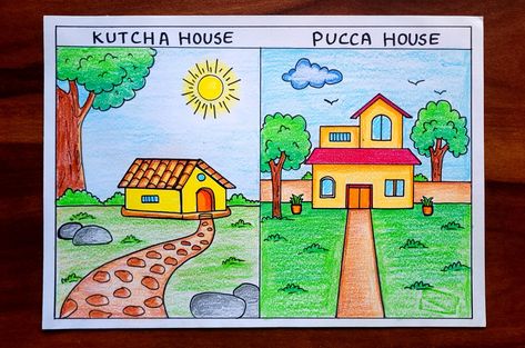 Video Tutorial uploaded on Amrita Drawing Book Channel. Subscribe for more creative Drawings and School Projects. #kutchahouse #puccahouse #housedrawing #scenery #howtodraw #drawing #easydrawing #drawingforkids #kids #Tutorial #stepbystep #easysteps Easy House Drawing For Kids, Beautiful Scenery Drawings Easy, House Pictures Drawing, Village House Drawing, House Scenery Drawing, Fingerprint Art Kids, House Drawing Easy, Drawing Village, Drawing Easy For Kids