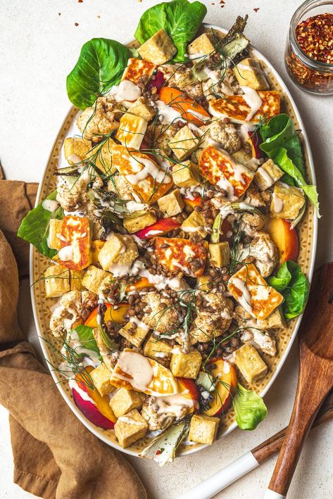 Lentil Tofu Cauliflower & Halloumi Salad Lentil Tofu, Tofu Cauliflower, Lentil Cauliflower, Tahini Granola, Sesame Tahini, Halloumi Salad, Tofu Salad, Marinated Tofu, Cauliflower Salad