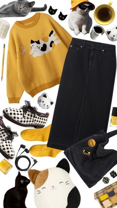 cat themed Outfit | ShopLook Cat Aesthetic Outfit, Cat Lady Aesthetic, Cat Themed Clothes, Lady Aesthetic, Black Cat Earrings, Cat Themed, Yellow Shirts, Cat Aesthetic, Themed Outfits