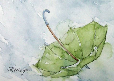 aquarelle Rain Watercolor Painting, Rain Watercolor, Umbrella In The Rain, Green Umbrella, Umbrella Painting, Pop Art Drawing, Umbrella Art, Watercolour Inspiration, Watercolor Painting Techniques