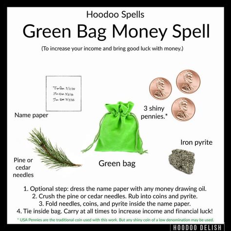 ~*~ HOODOO SPELLS: GREEN BAG MONEY SPELL ~*~ Often referred to as simply “the green bag spell”, this is a very simple and powerful charm… Appalachian Folklore, Hoodoo Conjure Rootwork, Money Spells Magic, Hoodoo Magic, Hoodoo Conjure, Hoodoo Spells, Money Spells That Work, Prosperity Spell, Money Spell