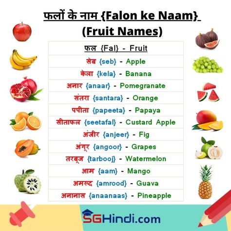 Fruits Name In Hindi, Fruits Name List, Fruit Chart, Hindi Letters, Hindi Lessons, Punjabi Books, Punjabi Language, Hindi Learning, Grammar Chart