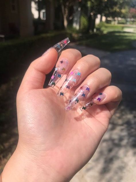 Butterfly Nails Clear, Nails Clear Butterfly, Spring Nails Butterflies, Cute Clear Nails, Clear Butterfly Nails, Nails Butterflies, Nails Multicolor, Sparkly Acrylic Nails, Clear Glitter Nails