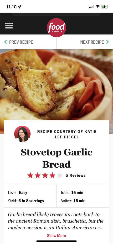 Stove Top Garlic Bread Katie Lee, Stove Top Garlic Bread, Coffee Cake Muffins, Garlic Bread Recipe, Pie Crusts, Coffee Cakes, Bread Rolls, Garlic Bread, Bagels