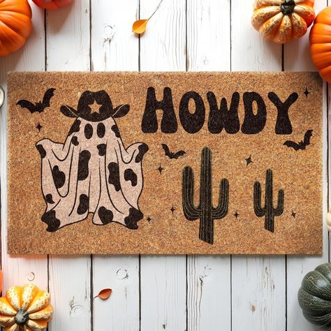 Howdy Ghost Coir Mat, Welcome Funny Halloween Coir Mat, Howdy Ghost Happy Halloween Coir Mat, Welcome Mat Door Mat, Outdoor Doormat Fall Mat Ghost and Bats, Happy Halloween, Coir Door Mat, Sweet skull, Welcome Mat Front Door Mat, Outdoor Mats, Doormat Fall Mat, Halloween Decor Mat Welcome to our store! Our doormat is made with high-quality natural coir with backs that are made with slip-resistant PVC rubber backing. All mats are printed with UV-resistant ink so that they last long under all weather conditions. Our doormat is the perfect long-lasting gift for your loved ones. Made from 100% coir, this rectangular doormat helps keep your space clean, while the backing material helps prevent it from slipping or sliding. Our doormat is made of 0.5in thick coconut coir fiber, the material easil Halloween Door Mats Funny, Halloween Rug Painting, Welcome Mat Halloween, Trick Or Treaters Welcome Sign, Western Fall Paintings, Funny Diy Door Mats, Painted Door Mat Diy Fall, Spooky Door Mat, Halloween Doormat Painting