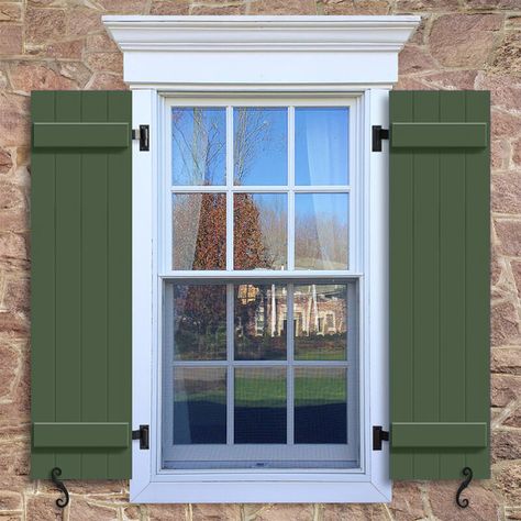 Window with green Board and Batten shutter, BBCV closed boards. Window Shutters Exterior, Diy Exterior, Louvered Shutters, Board Batten, Custom Shutters, Board And Batten Shutters, Vinyl Exterior, Interior Shutters, Wooden Shutters