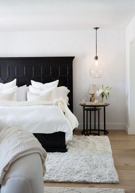 On the master bedroom: "The client's favorite color palette is black and white so we stuck to mainly those tones for this space. The focus on this room was to emphasize layers and textures to... #Interiorbedroom White Bedroom Design, Black Bed, Black Bedroom Furniture, Black Headboard, Bedroom Black, Couple Bedroom, Trendy Bedroom, Gray Bedroom, Black Furniture