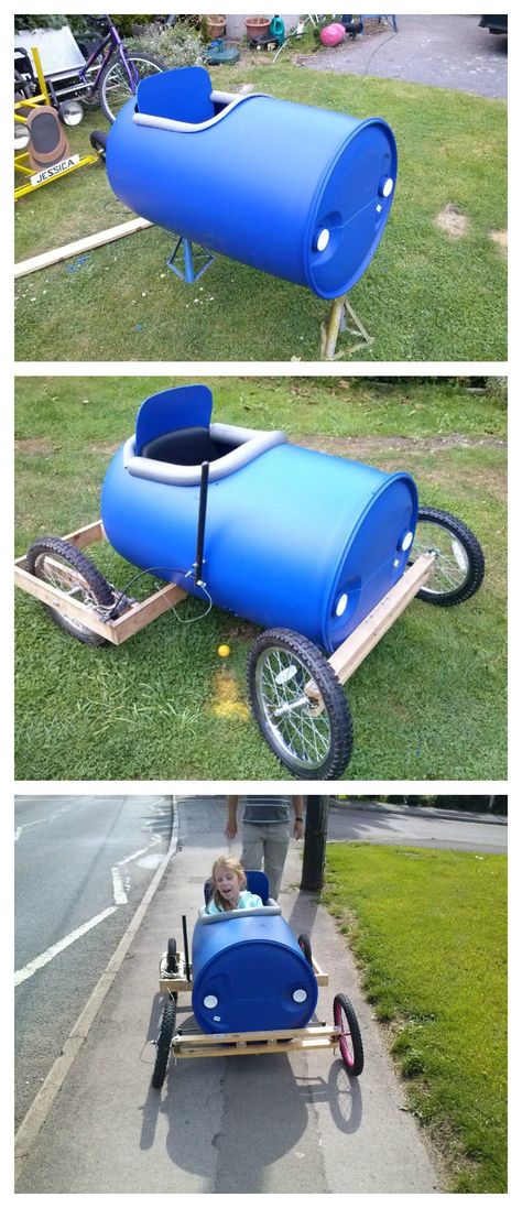 DIY Plastic Barrel Derby Car Metal Barrel Ideas, Plastic Barrel Projects, 55 Gallon Drum Ideas, Yard Play Area, Plastic Barrel Ideas, Kids Recycled Crafts, Rain Barrell, Barrel Train, Recycled Toys