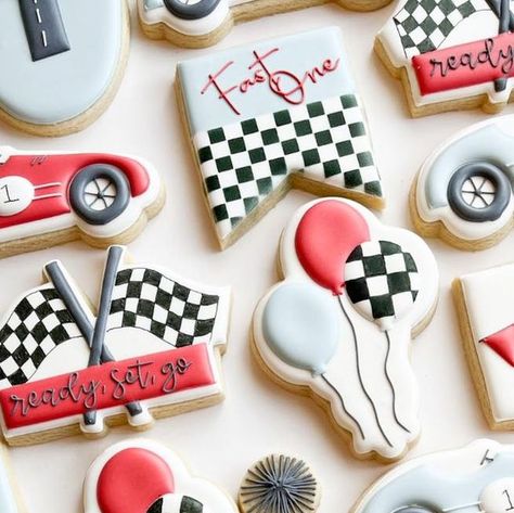 Need Four Speed Cookies, Race Car Sugar Cookies, Fast One Cookies, Race Car Cookies Decorated, Race Car Birthday Cookies, Race Car Cookies, Vintage Race Car Birthday, Vintage Race Car Party, First Birthday Cookies