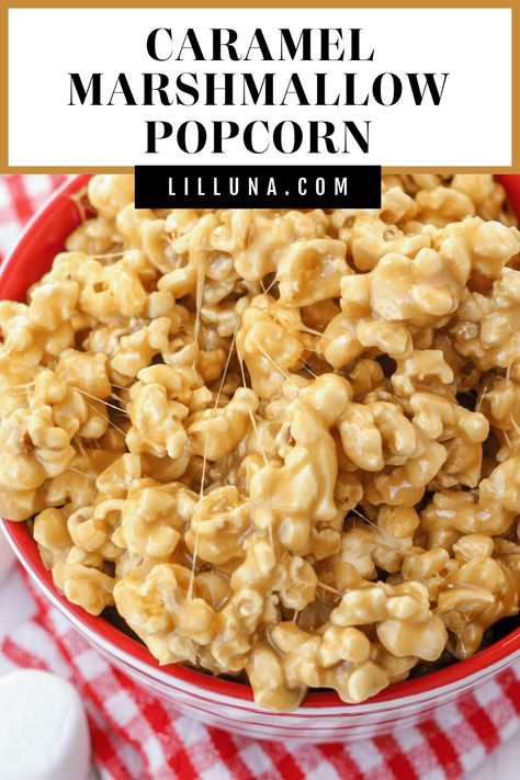 Deliciously gooey 5-minute Caramel Marshmallow Popcorn is simple, quick, and perfect for parties and holidays! #caramelmarshmallowpopcorn #caramelpopcorn #popcorn #caramelandmarshmallow #popcornrecipe Caramel For Popcorn Recipes, Marshmallow Popcorn Recipes, Popcorn Dessert Recipes, Carmel Popcorn Recipe, Yummy Popcorn Recipes, Holiday Popcorn Recipes, Popcorn Marshmallow, Marshmallow Caramel Popcorn, Marshmallow Popcorn Balls