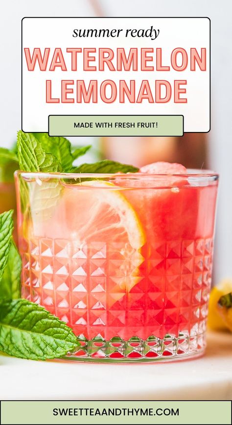 a glass of watermelon mint lemonade garnished with mint and lemon slices Easy Lemonade, Watermelon Mint Lemonade, Mint Lemonade Recipe, Easy Lemonade Recipe, Flavored Teas, Watermelon Uses, Lemonade Popsicles, Frosted Lemonade, Homemade Lemonade Recipes