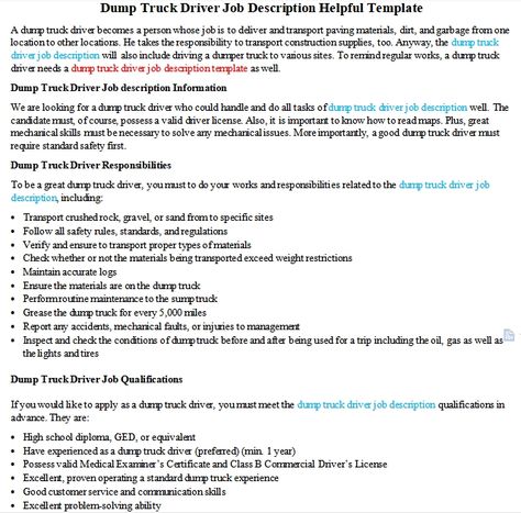 Dump Truck Driver Job Description Helpful Template Truck Driver Format For Yahoo, Driver Job, Job Description Template, Dumper Truck, Job Description, Dump Truck, Good Customer Service, Truck Driver, Communication Skills