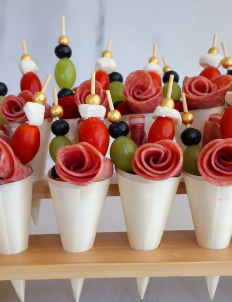 Charcuterie cones - Golden Grace Kitchen Charcuterie In A Cone, Charcuterie Cone Ideas, Chacutery Cones Ideas, Charcuterie Cones Diy, Charcuterie Sticks, Charcuterie Picks, Charcuterie Jars, Cone Recipes, Christmas Cheeseboard