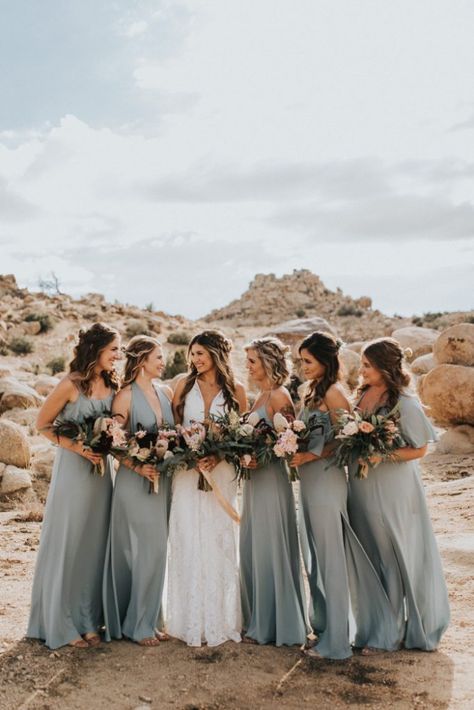 Joshua Tree Wedding, Bridesmaid Inspiration, Mismatched Bridesmaids, Mismatched Bridesmaid Dresses, Bridesmaids Photos, Wedding Colors Blue, Dusty Blue Weddings, Glam Squad, Fall Weddings