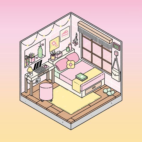 Chibi Room Drawing, Cute Room Drawing, Cute Room Drawing Aesthetic, 3d Rooms Drawing, Isometric Art Bedroom, Kawaii Room Drawing, Room Drawing Isometric, Room Drawing, Isometric Room