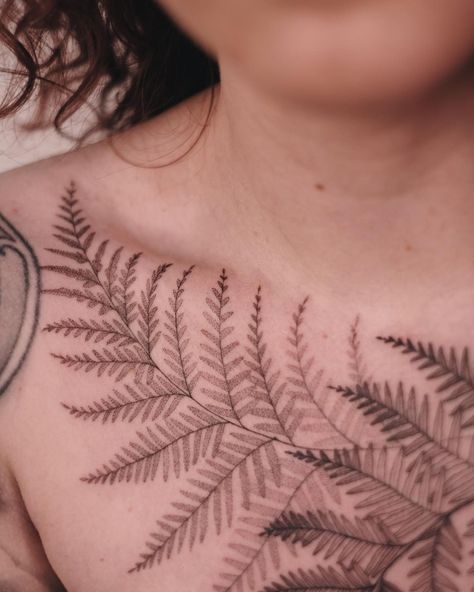 Ferns Tattoo Design, Fern Tattoo Thigh, Fern Shoulder Tattoos For Women, Fern Collarbone Tattoo, Red Fern Tattoo, Fern Tattoo Shoulder Woman, Fern Chest Tattoo, Fern Back Tattoo, Fern Ear Tattoo