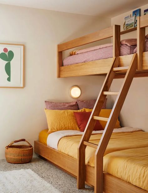 Courtney Adamo’s ‘Modern Mid-Century’ Beachfront Holiday Home Bunk Bed Room Ideas, Courtney Adamo, Bunk Bed Room, Custom Bunk Beds, Timber Shelves, Sofa Seat Cushions, Exterior Wall Light, Bunk Room, Interior Renovation