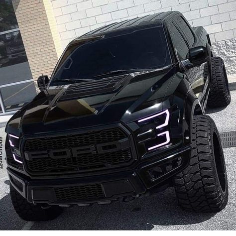 Lifted Ford Raptor Trucks, Pick Up Car Ford, Ford F150 Raptor Black, Blacked Out Luxury Suv, Pick Up Trucks 4x4, Black Suv Cars, Ford Trucks Black, All Black Truck, Trucks Ford F150