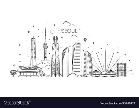 Seoul Architecture, Seoul Skyline, Vector Cityscape, Skyline Tattoo, Skyline Illustration, Video Project, Diy Embroidery Patterns, Calendar Stickers, Famous Landmarks