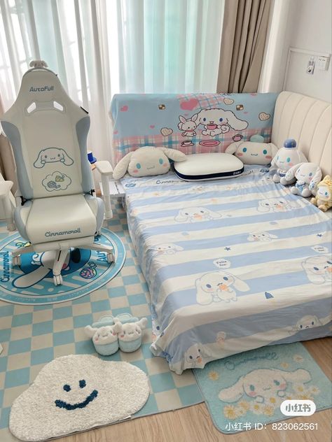 Cinnamon Roll Room, Cinnamoroll Bedroom, Sanrio Bedroom, Sanrio Room, Anime Bedroom Ideas, Bedroom Cute, Kawaii Room Ideas, Small Room Makeover, Dream Bedroom Inspiration