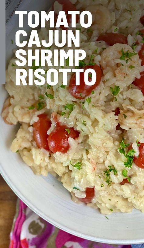 Tomato Cajun Shrimp Risotto is the ultimate light, but filling, weeknight meal! It combines Cajun shrimp with the sweetness of Pure Flavor® Cloud 9® Bite-Sized Fruity Tomatoes, making for one delicious dinner option. #cloud9 #bitesized #fruity #tomatoes #risotto #dinnerideas #Cajun #familymeals #healthy #flavorUP #LiveDeliciously Shrimp And Fresh Tomato Recipes, Shrimp With Risotto Recipes, Shrimp Recipes For Dinner Pasta Cherry Tomatoes, Shrimp Tomato Risotto, Shrimp Parmesan Risotto, Tomato Tarte Tatin, Shrimp Risotto, Harvest Salad, Grilled Tomatoes