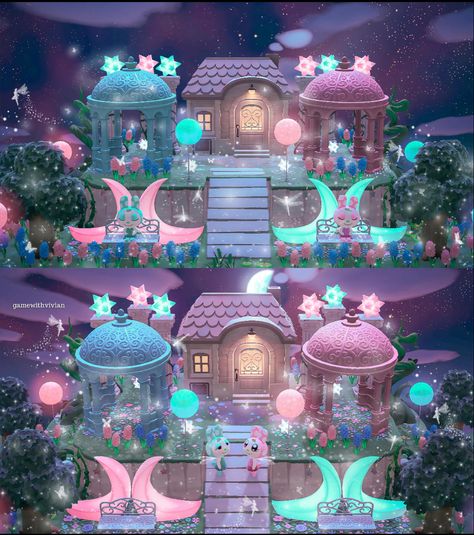 Francine And Chrissy House Acnh, Acnh Francine House, Pastel Goth Animal Crossing Island, Acnh Pastel Citycore, Barbie Acnh, Animal Crossing Fairycore, Fairy Island, Pink Island, Moon Shine