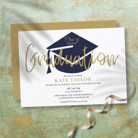 $2.65 | Simple Navy Blue And Gold Script Graduation Party #gold script, navy blue, high school graduation invitations, class of 2024 graduation invitations, college graduation invitations, graduate open house invitations, college grad announcements, grad party invites, graduation party invitations template, modern simple College Grad Announcements, Open House Invitations, High School Graduation Party Invitations, Modern Graduation Party, Graduation Invitations High School, Open House Invitation, Graduation Party Invitations Templates, Graduation Templates, Graduation Invitations Template