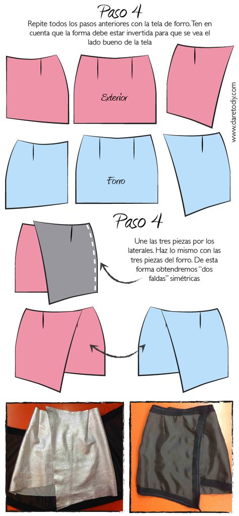 Cómo hacer una falda cruzada (wrap skirt) Patrones descargables gratuitos - tallas de la XS a la L How To Make A Wrap Skirt, How To Make A Skirt, Skirt Making, Upcycle Clothes Diy, Pattern Jacket, Shorts Skirt, Skirt Tutorial, Diy Vetement, Diy Clothes Design