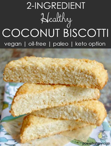 stack of 4 coconut biscotti on a blue floral napkin Coconut Biscotti, Keto Biscotti, Vegan Biscotti, Gluten Free Biscotti, Coconut Flour Recipes, Low Histamine, Two Ingredient, Biscotti Recipe, Almond Joy