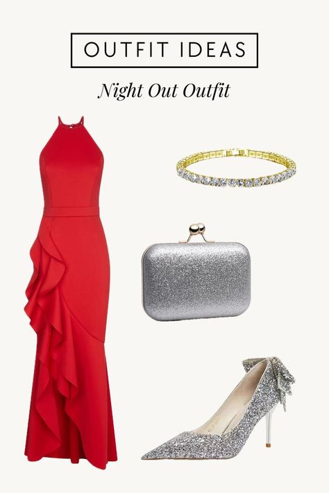 For a glamorous night out, we recommend pairing a long, fiery red dress with silver accessories. A sleek silver handbag and sparkling silver heels will complement the dress's bold hue, while a gold bracelet will add a touch of luxe to the ensemble. This sophisticated and stylish outfit is sure to turn heads as you make your way out for an unforgettable evening. Ideas For Date Night, Silver Handbag, Dress Silver, Night Out Outfit, Silver Heels, Silver Accessories, Outfit Idea, Red Dress, Night Out