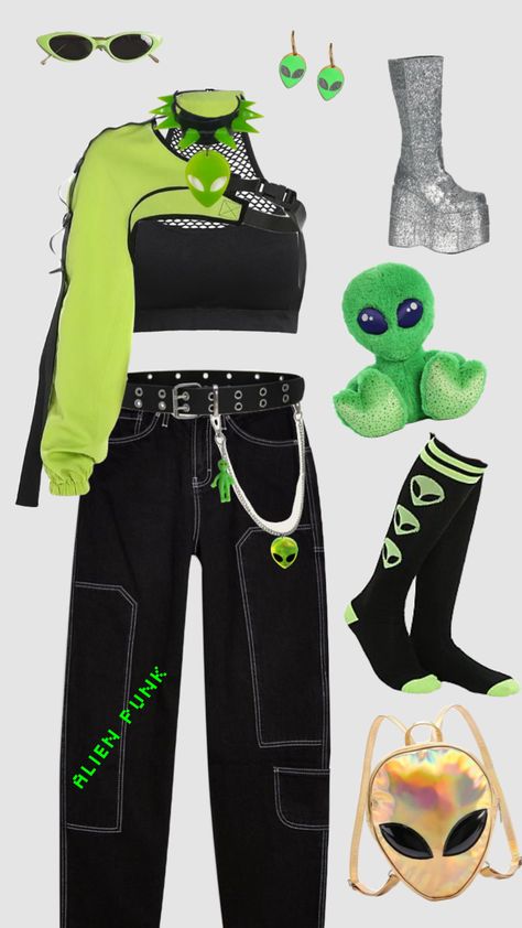 Alien Punk #aesthetic #greenaesthetic #pinterest #alien #aliens #alienaesthetic #punk #punkaesthetic #alienpunk #outfit #outfitinspo Robot Aesthetic Outfit, Alien Inspo Outfit, Rave Punk Outfits, Aliencore Fashion, Raver Outfits Ideas, Alien Core Aesthetic Outfits, Robotcore Outfits, Space Themed Accessories, Alien Themed Outfit