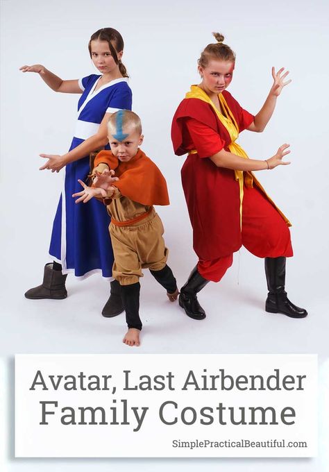 How to make simple costumes from Avatar the Last Airbender, the animated series. Ideas for costumes for characters Aang, Katara, Sokka, Zuko, and Toph Zuko Costume Diy, Katara Costume Diy, Katara Costume, Avatar Halloween, Family Cosplay, Prince Zuko, Homemade Costume, Easy Costumes, Diy Toddler