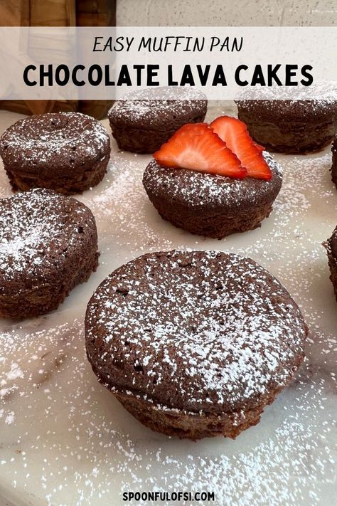 Muffin Tin Lava Cake, Lava Cake Recipe Muffin Tin, Moulton Lava Cake Recipes, Chocolate Lava Cupcakes, Mini Chocolate Lava Cakes, Lava Cake Cupcakes, Lava Cakes In Muffin Tins, Easy Lava Cake Recipe, Mini Lava Cakes