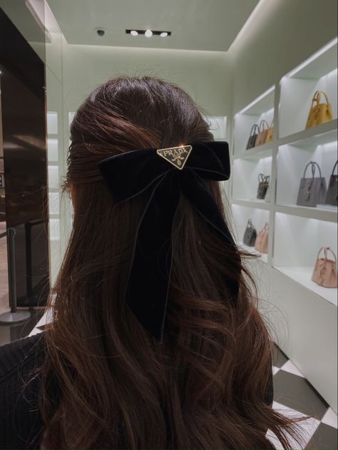 Prada Velvet Bow hair Accessory Hair Accessories Luxury, Chanel Bow Hair, Prada Headband Outfit, Prada Hair Accessories, Prada Hair Clip, Hair Stages, Designer Hair Accessories, Luxury Hair Accessories, Headband Outfit