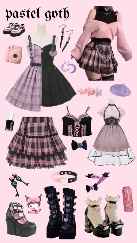 Sanrio Outfit Inspired, Pastel Goth Style Outfits, Cute Emo Style, Pastel Gothic Aesthetic Outfit, Pink Aesthetic Clothes Pastel Goth, Pastel Goth Fashion Aesthetic, Cute Goth Outfits Aesthetic, Cute Emo Outfits Pastel Goth, Gothic Pastel Outfits