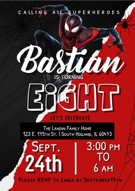 Miles Morales Kids Party Invite | PosterMyWall South Holland, All Superheroes, Party Invitations Kids, Slumber Party, Miles Morales, Online Ads, Slumber Parties, Party Invite, Lets Celebrate