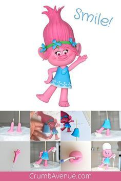 Trolls Cupcake Toppers, Troll Cake, Troll Cupcakes, Trolls Birthday Cake, Make Step By Step, Poppy Cake, Trolls Cake, Clay Idea, Fondant Flower Cake