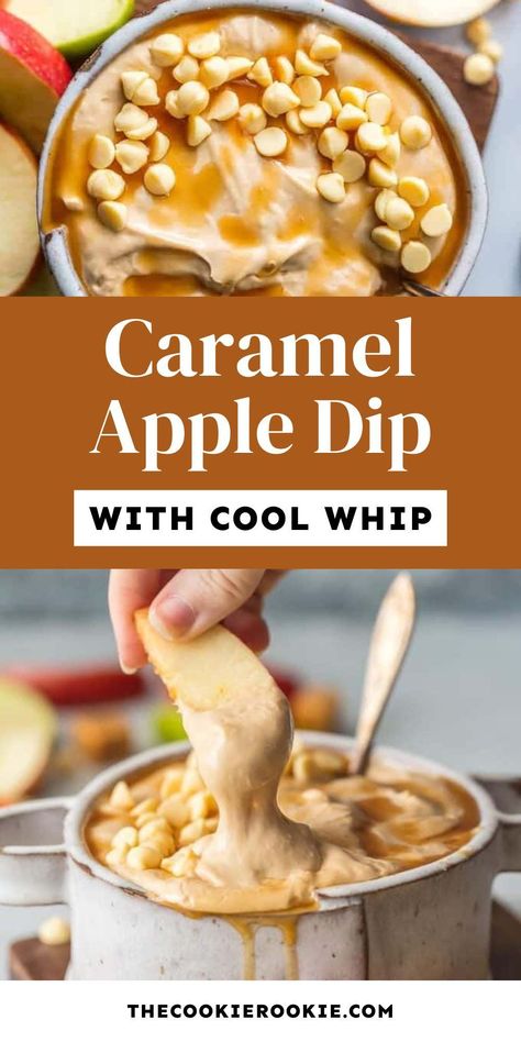 This Caramel Apple Dip with Cool Whip combines creamy caramel and fluffy Cool Whip for a light, sweet treat. Ideal for dipping apple slices or serving at gatherings! Pop over to my site for this easy fall recipe! Caramel Apple Dip Healthy, Caramel Fluff Dip, Fall Appetizer Dips, Whipped Caramel Apple Dip, Apples And Dip Ideas, Fluff Dip Recipes, Cool Whip Dip Recipes, Dips For Apples, Fall Dessert Dips