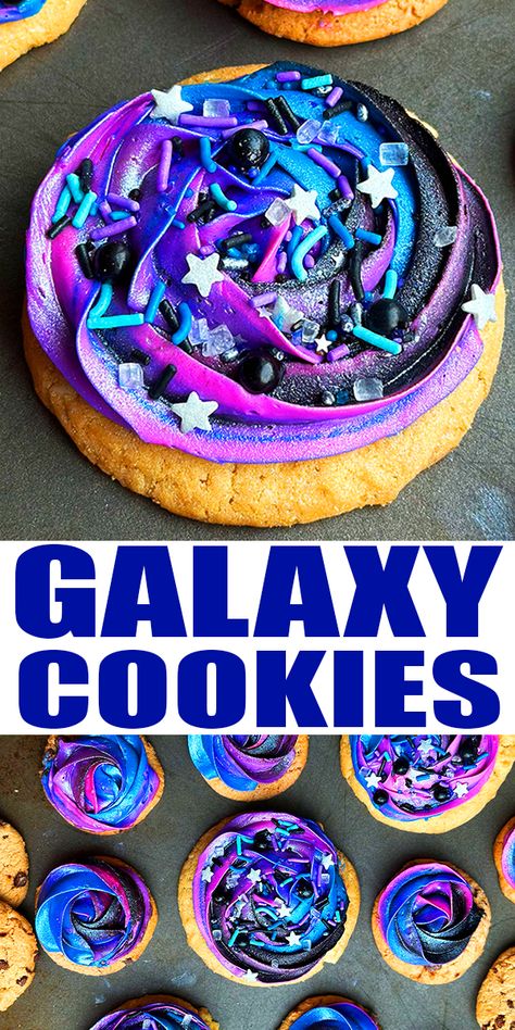 Easy GALAXY COOKIES recipe, homemade with simple ingredients. These chocolate chip cookies are decorated with pink, purple, black, blue buttercream icing swirl and sprinkles. From CakeWhiz. Decorating Chocolate Chip Cookies, How To Make Galaxy Frosting, Solar System Cookies, Planet Cookies, Gooey Desserts, Dessert List, Space Cookies, Galaxy Desserts, Galaxy Cookies