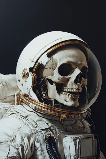 ↑↑↑ Larger size on website 🔸 A human skull, depicted in a realistic style, is wearing an astronaut's helmet and spacesuit. The he Astronaut Skull, Helmet Illustration, Retro Astronaut, Astronaut Suit, Astronaut Helmet, Helmet Visor, Style Dark, Space Suit, Black And White Pattern