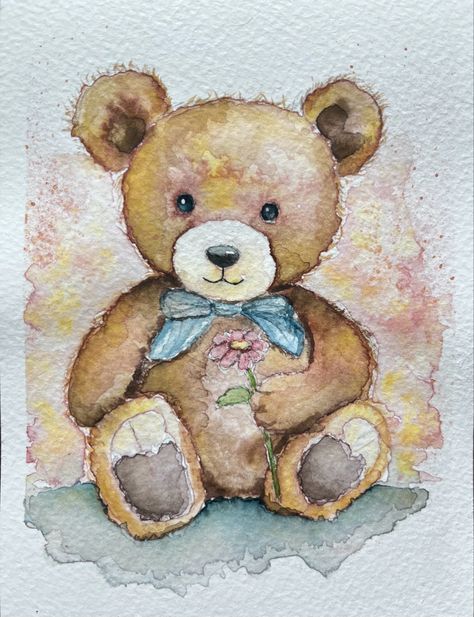 Watercolor-painted teddy bear, wearing a blue tie and holding a pink flower. Teddy Bear Watercolor, Watercolour Nursery Art, Bear Watercolor, Nursery Art Girl, Cute Teddy Bears, New Hobbies, Art School, Nursery Art, Watercolour Painting